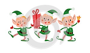 Set of different cute little Santa elves characters with gift box, ring bell, dance isolated.