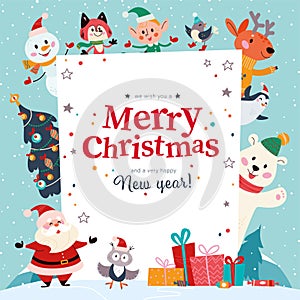 Winter holiday illustration with cute animals, Santa Claus, elf character, fir tree, text congratulation at snowy landscape