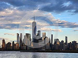 ny urban city architecture of midtown manhattan and hudson river with metropolis cityscape of new york downtown