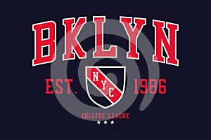 NYC, Brooklyn college typography graphics with shield for t-shirt. New York, Bklyn college league apparel print. Vector