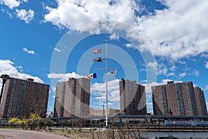 NYC housing projects on 145th Street and Malcolm X Boulevard in Harlem, as seen from the Bronx, New York City, USA