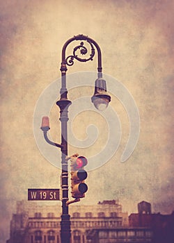 NYC lamp post with vintage texture