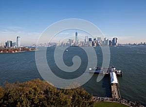 NYC and New Jersey skyline with ferry