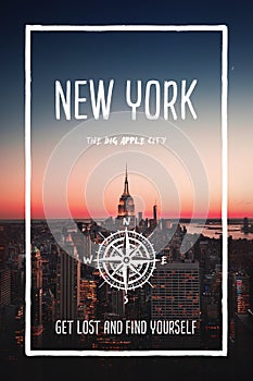 NYC, New York, United States, the big apple city. Trendy travel design, inspirational text art, cityscape sunset skyline