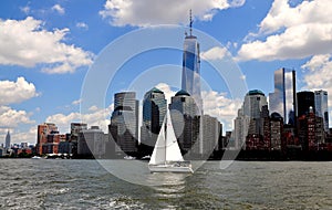 NYC: Sailboat and Lower Manhattan Skyline