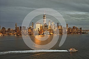 NYC skyline. Manhattan view from New Jersey, NYC skyscraper. Drone aerial view of New York City. Big Apple. NYC panorama