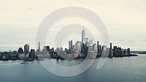 NYC skyline. Manhattan view from New Jersey, NYC skyscraper. Drone aerial view of New York City. Big Apple. NYC panorama