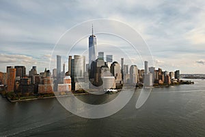 NYC skyline. Manhattan view from New Jersey, NYC skyscraper. Drone aerial view of New York City. Big Apple. NYC panorama