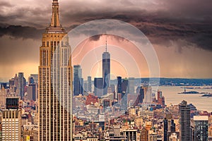 NYC Skyline. Pano New York with dramatic sky. Beautiful sunset manhatten. New York Travel destination. Holiday in newyork.