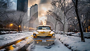 A NYC yellow cab navigating through the snow-covered streets. Generated with AI