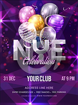 NYE Celebration Invitation, Template or Flyer Design with Balloons and Event Details on Purple Bokeh Light Background