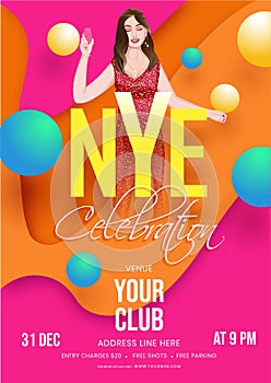 NYE Celebration Template or Flyer Design with Modern Young Girl Drinking photo