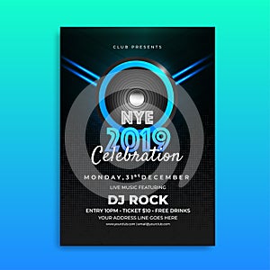 NYE (New Year Eve) 2019 Celebration template design with time, d