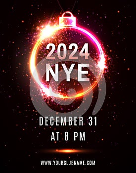 2024 NYE party New Year Eve neon poster template. photo