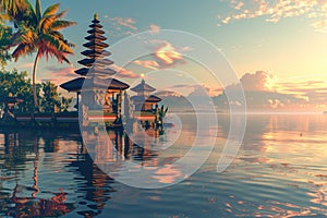 Nyepi day background for Balinese celebration day of silence with temple on water during golden hour