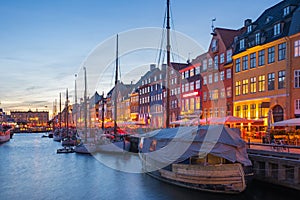 Nyhavn Canal at night in Copenhagen city, Denmark