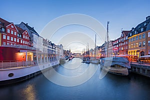 Nyhavn Canal at night in Copenhagen city, Denmark