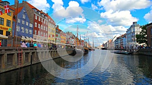 Nyhavn Copenhagen canal houses and ships in Denmark in central Europe HDR pan right view