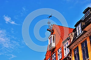 Nyhavn district in Copenhagen, Denmark. City center panoramic view of colorful houses.