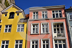 Nyhavn district in Copenhagen, Denmark. City center panoramic view of colorful houses.