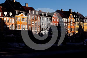 Nyhavn district in Copenhagen, Denmark. City center panoramic view of colorful houses.