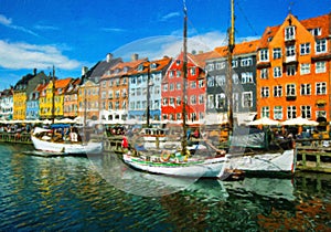 Nyhavn district is famous landmark in Copenhagen.