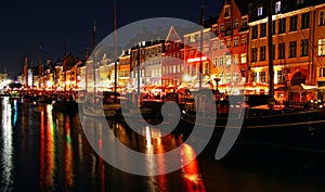 Nyhavn harbor in night, Copenhagen, Denmark