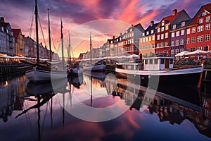 Nyhavn iconic canal in Copenhagen, Denmark. AI generated colorful sunrise image and breathtaking water reflections