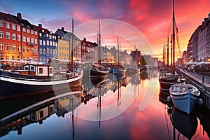 Nyhavn iconic canal in Copenhagen, Denmark. AI generated colorful sunrise image and breathtaking water reflections