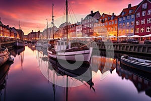 Nyhavn iconic canal in Copenhagen, Denmark. Colorful sunrise image and breathtaking water reflections