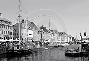 Nyhavn or the New Harbor, Famous District in Copenhagen of Denmark in Monotone