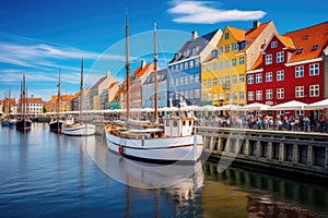 Nyhavn is a waterfront in Copenhagen, Denmark, Amazing historical city center, Nyhavn New Harbour canal and entertainment district