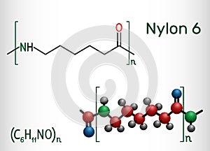 Nylon 6 or polycaprolactam polymer molecule. Structural chemical formula and molecule model