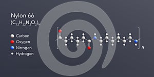 nylon 66 molecule 3d rendering, flat molecular structure with chemical formula and atoms color coding photo