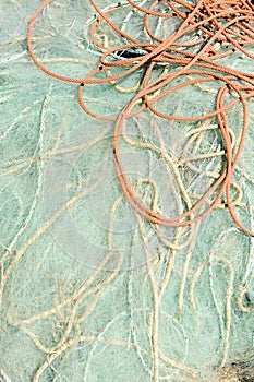 Nylon nets and ropes for fishing in the fishing port of Rota, Cadiz coast, Spain