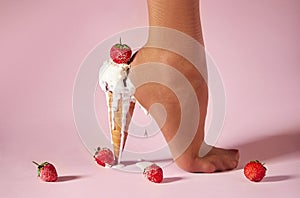 Nylons, stay-up, tights, hosiery, hose, pantyhose socks summer collection on pink background as a heel creative dessert ice cream