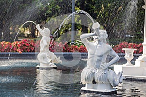 Nymph fountain spurting water in Forsyth Park in Savannah, Georgia.
