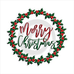Merry Christmas text, with mistletoe wreath, hand drawn graphics.
