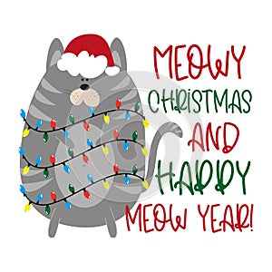 Meowy Christmas and Happy Meow Year! - Funny Christmas greeting with cute cat in Santa`s cap photo
