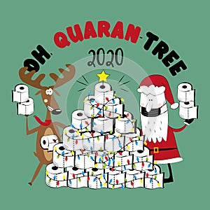 Oh, Quarant-tree 2020 - Funny reindeer and Santa Claus in facemask and toilet paper christmas tree.