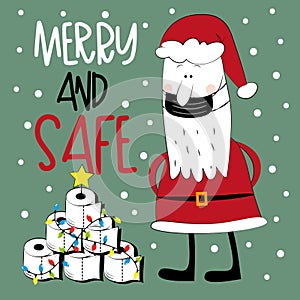 Merry and Safe - Santa Claus in face mask and toilet paper Christmas tree.