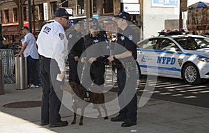 NYPD Counter-terrorism bureau K-9 officers talk during opening d