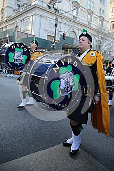 NYPD Emerald Society Band marching at the St. Patrick`s Day Parade in New York.