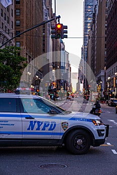 NYPD police cars near Times Square at night, Manhattan