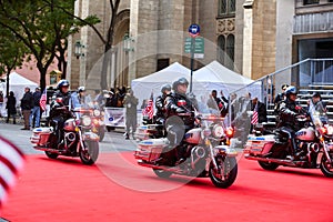 NYPD Police on Motorbike. Veterans Day Parade in NYC. Police on red carpet