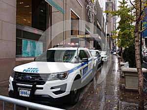 NYPD Police Vehicles Blocking Trump Tower and Tiffany & Co., NYC, USA