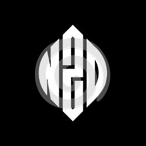 NZD circle letter logo design with circle and ellipse shape. NZD ellipse letters with typographic style. The three initials form a photo