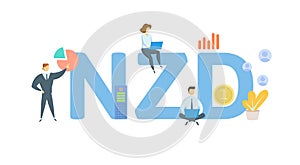 NZD, New Zealand dollar. Concept with keywords, people and icons. Flat vector illustration. Isolated on white.