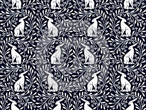 Seamless pattern with a hare and gentle white floral ornament photo