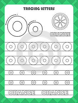 Trace letters of English alphabet and fill colors Uppercase and lowercase O. Handwriting practice for preschool kids worksheet.